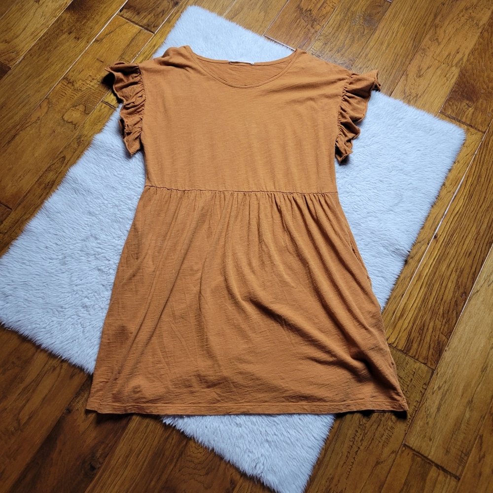 Peruvian Connection Dress Women's Large Ruffles Cotton Pumpkin Orange Pockets